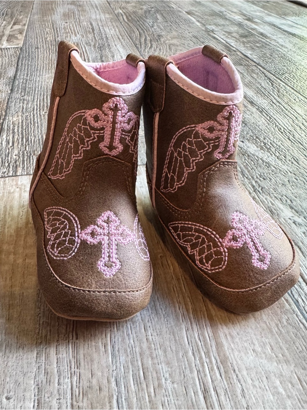 Twister Brown Pink Embroidered Cross Western Baby Bootie Faux Leather Non-Slip